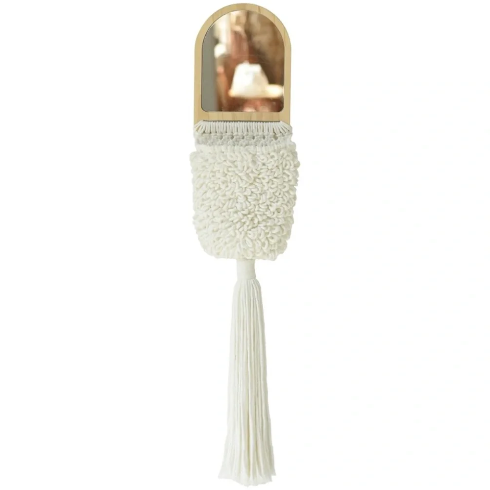 NEW White Cotton Macrame Basket Boho Wooden Mirror Wall Decor Bohemian Cottage